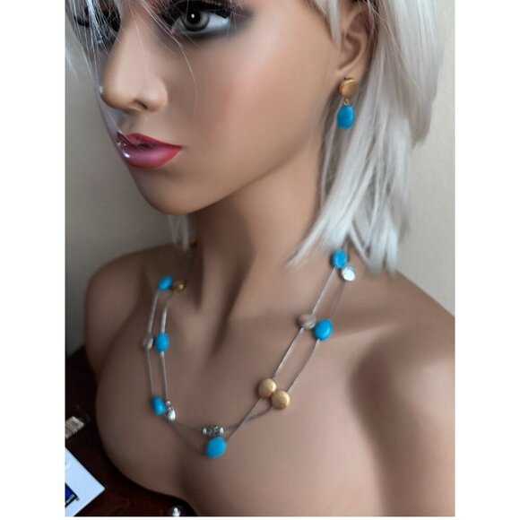Brighton Mediterranean Turquoise Long Brushed Silver Gold Necklace, Earrings - Picture 1 of 6